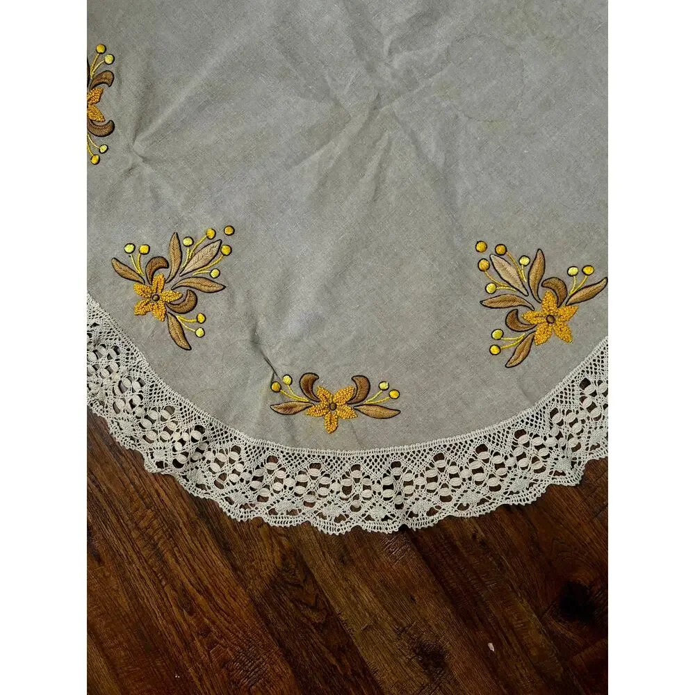 Vintage Circular Table Cover Harvest Yellow Embroidered Floral Crochet Lace Trim